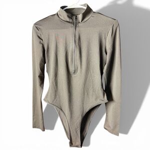 Long-Sleeve Zip-Front Bodysuit in Taupe